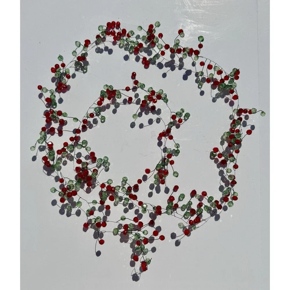 Lot Of Six Christmas Beaded Garlands 5ft Each Green And Red Plastic Wire